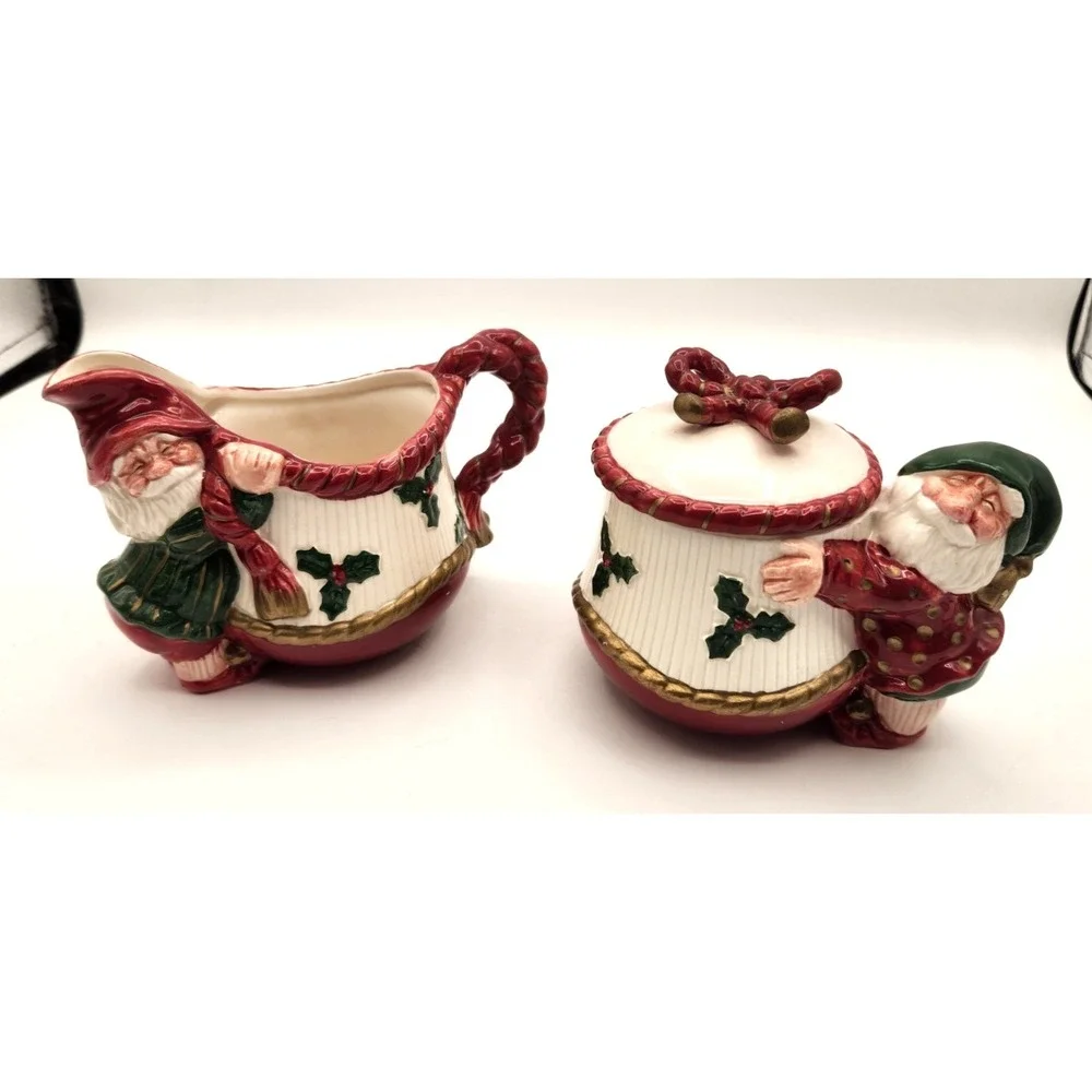 Fitz & Floyd Old World Christmas Elves Sugar Bowl & Creamer 1989 Santa Ceramic